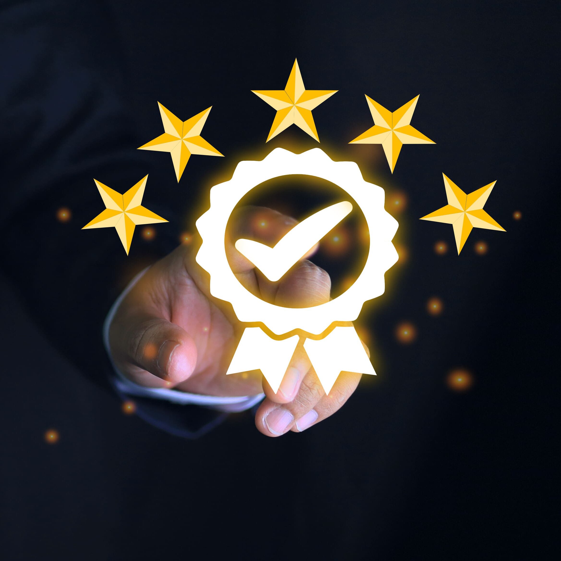 Business man reach out to touch the certified mark and five star quality represent to very good quality and service.